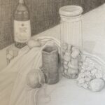 A pencil drawing of a tabletop with a wine bottle