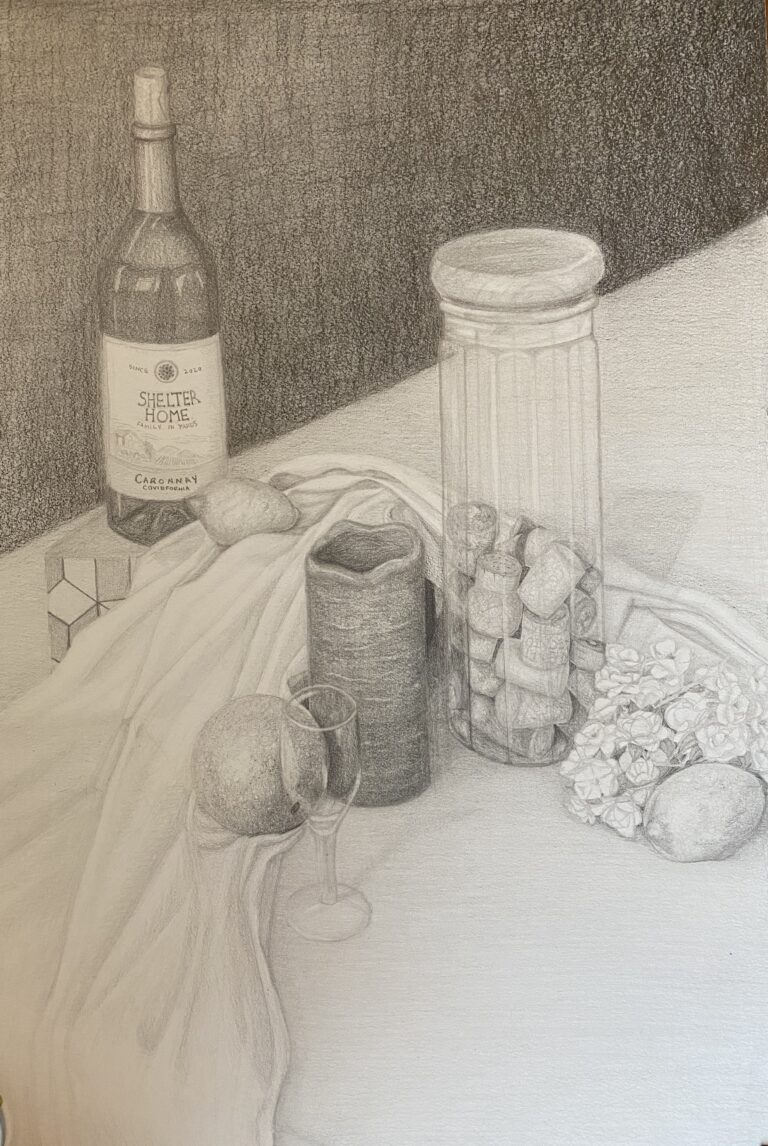 A pencil drawing of a tabletop with a wine bottle