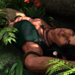 A male figure with eyes closed is laying on the ground of the canopy of the forest in the digital representation.