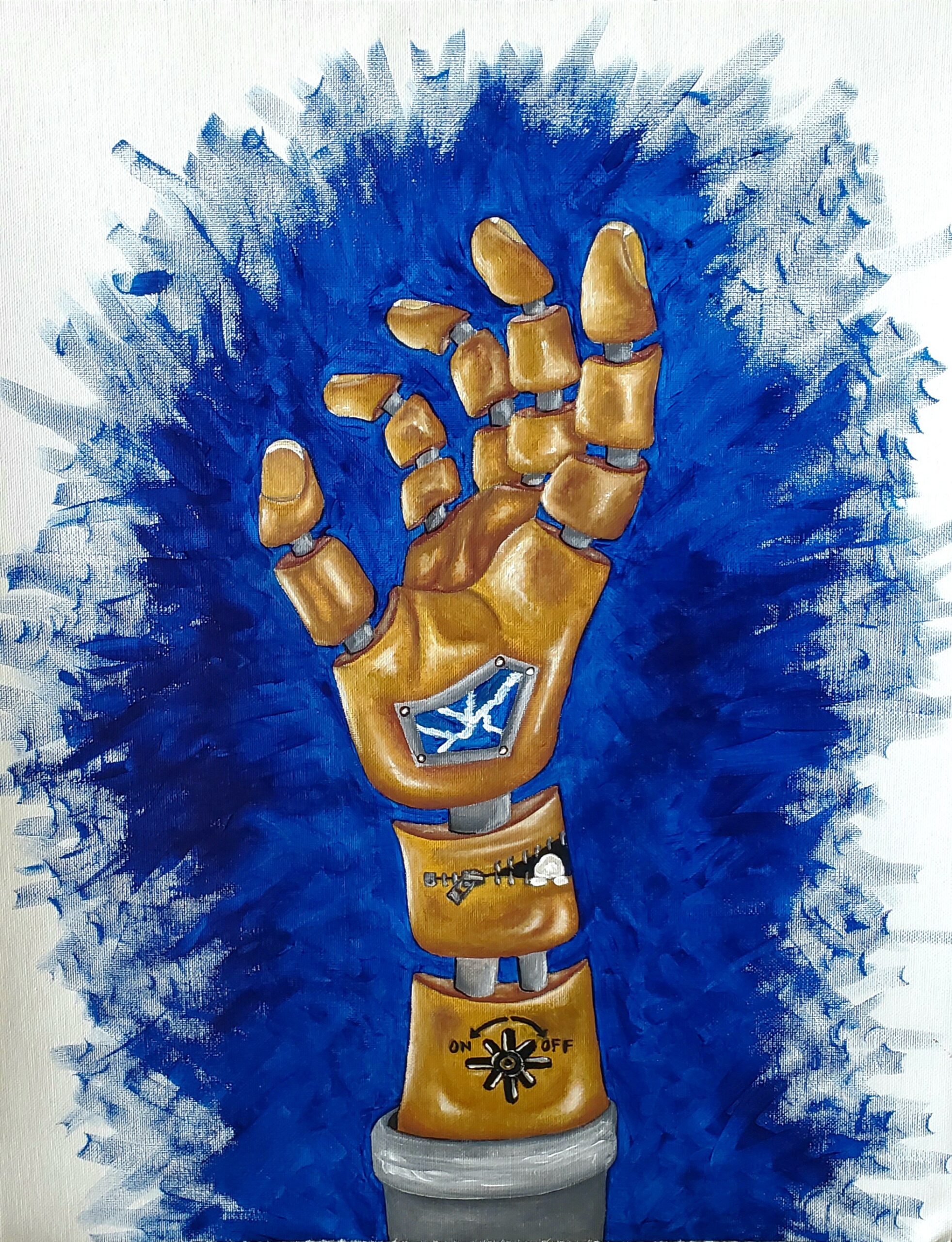 A gold robotic hand outreaching upward with a burst of an ocean blue background