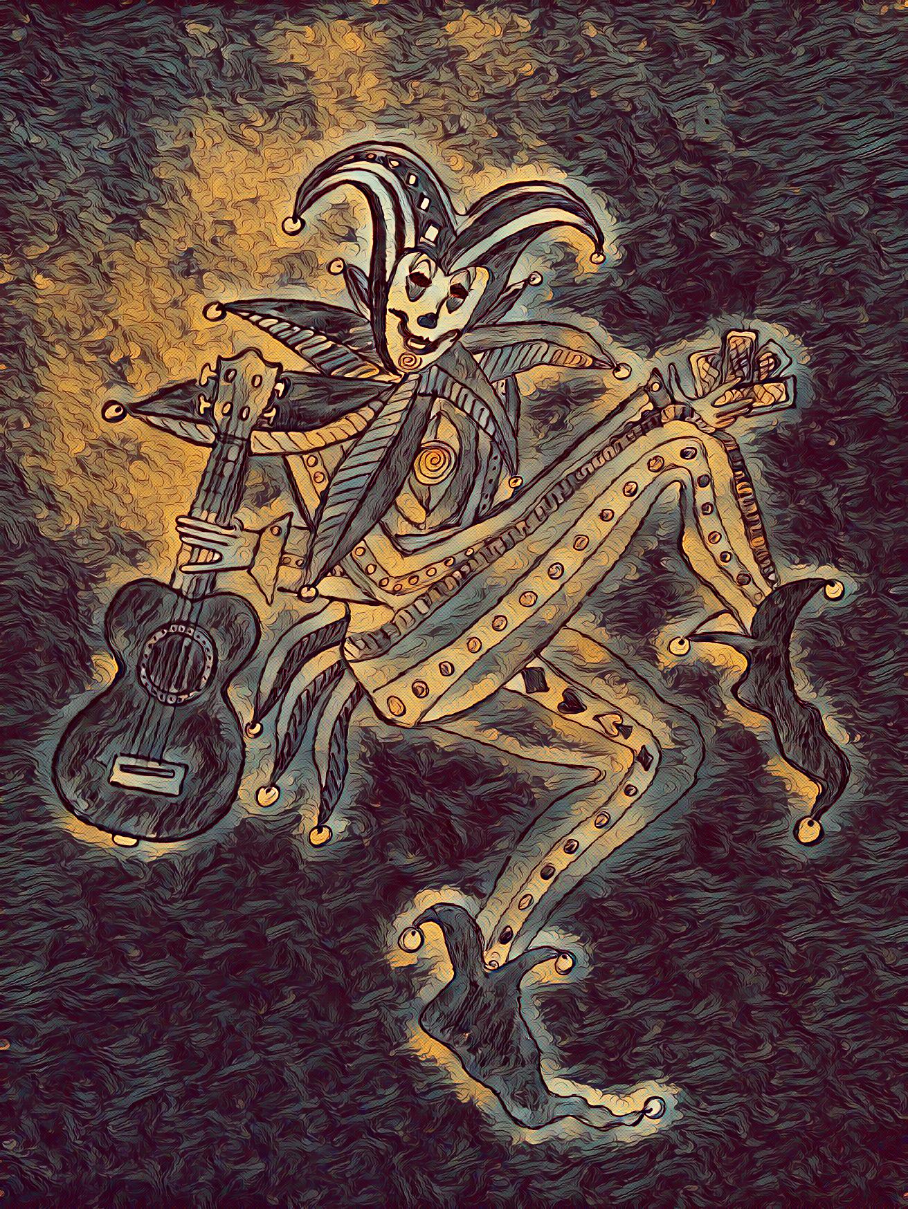 A black and copper image of the trickster carrying a guitar on his right hand and having one foot on the ground while the other one is in the air.