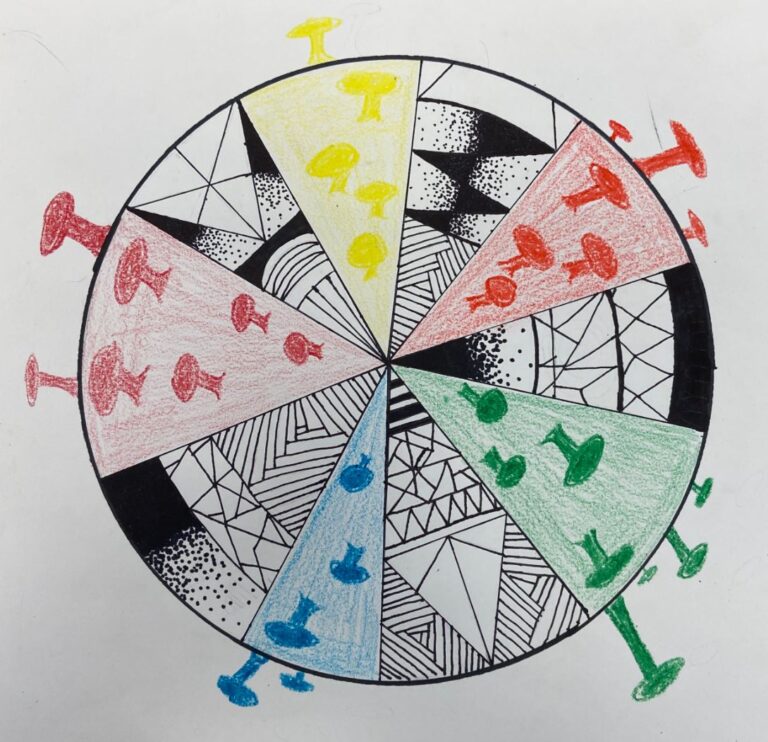 Circle split up into different sections with red
