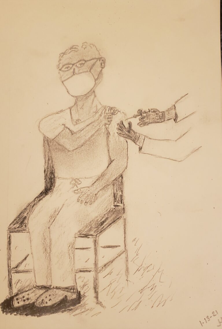 A drawing of an individual getting a shot in his arm