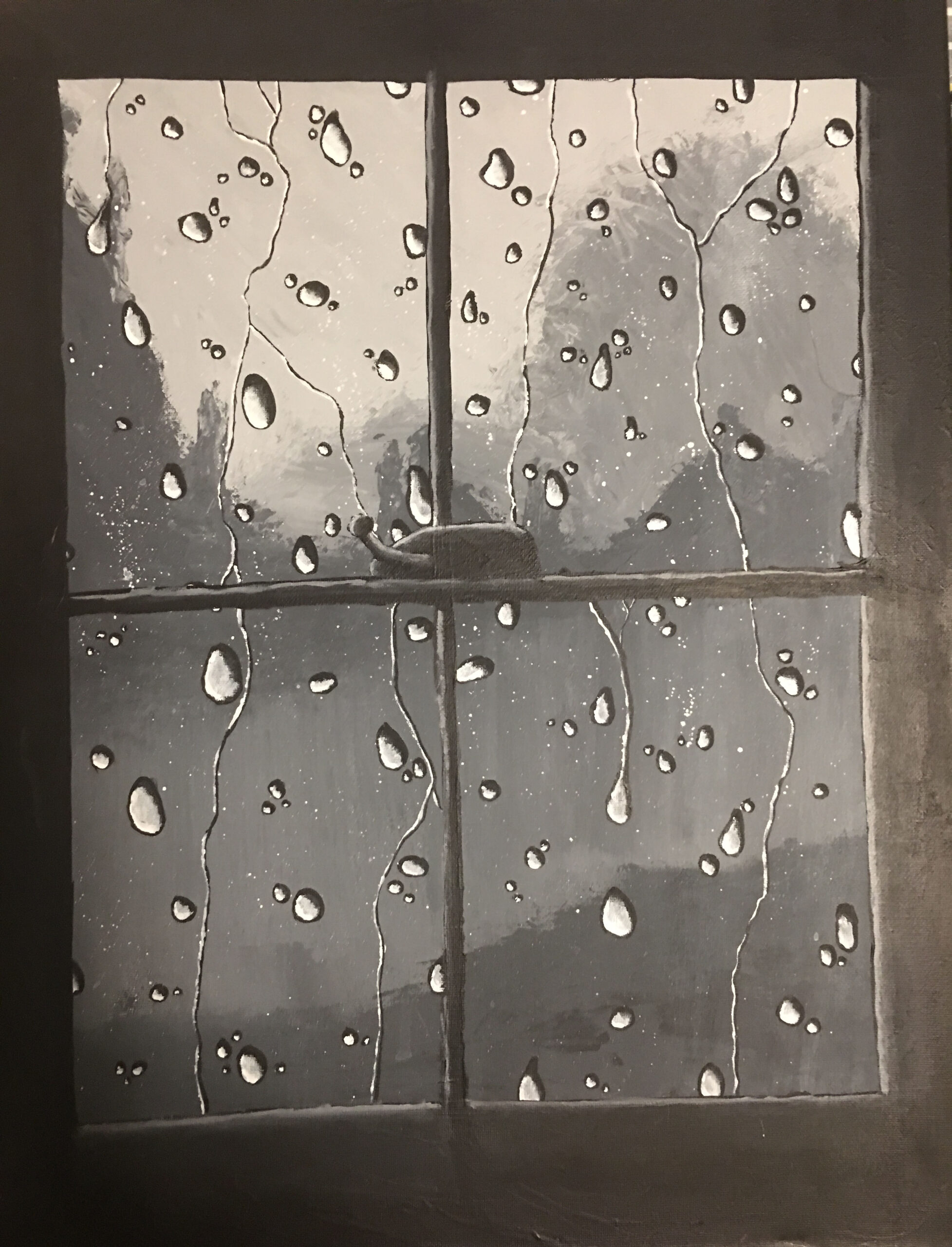 A painting of a window with raindrops on it overlooking a forest
