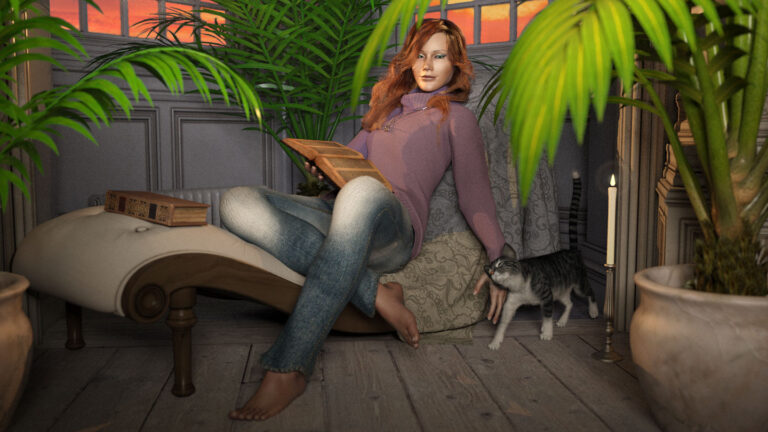 The digital display showcases a woman on a light brown cough sitting and reading a book while petting her gray and white cat simultaneously