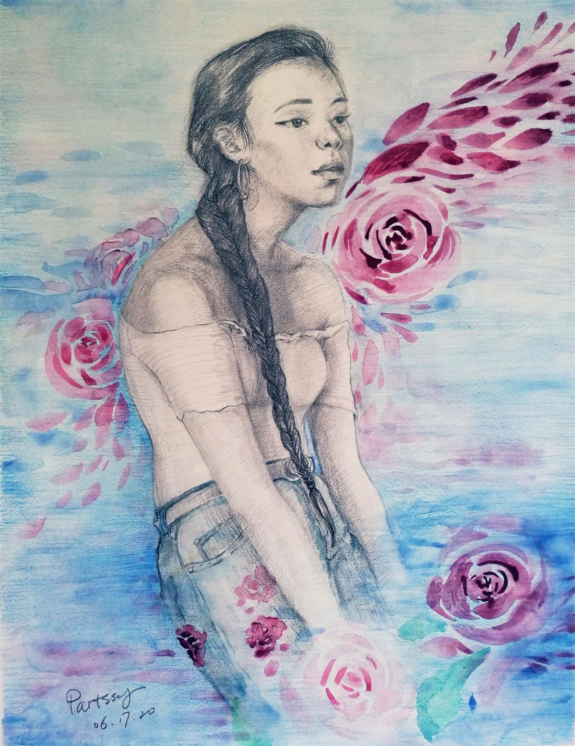 Girl sketched in pencil surrounded by watercolor flowers.