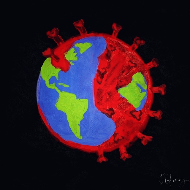 This is a digital and mixed media painting of the earth and the red represents the land infected with the virus.