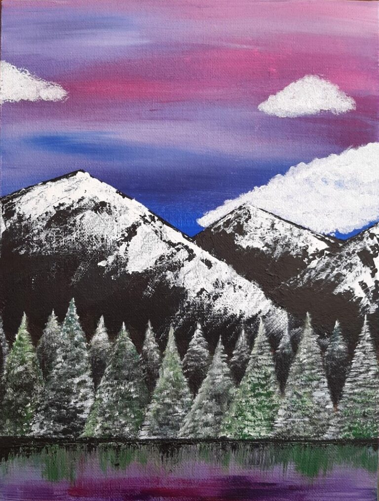 This is a scene of mountains with a background of a purple sky with clouds. The foreground is snowy pine trees and a body of water with reflections of the sky.
