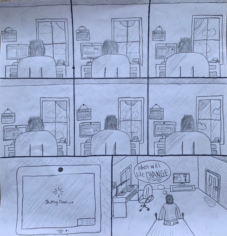 This is a comic drawn in pencil showing a boy sitting in front of his computer for hours.