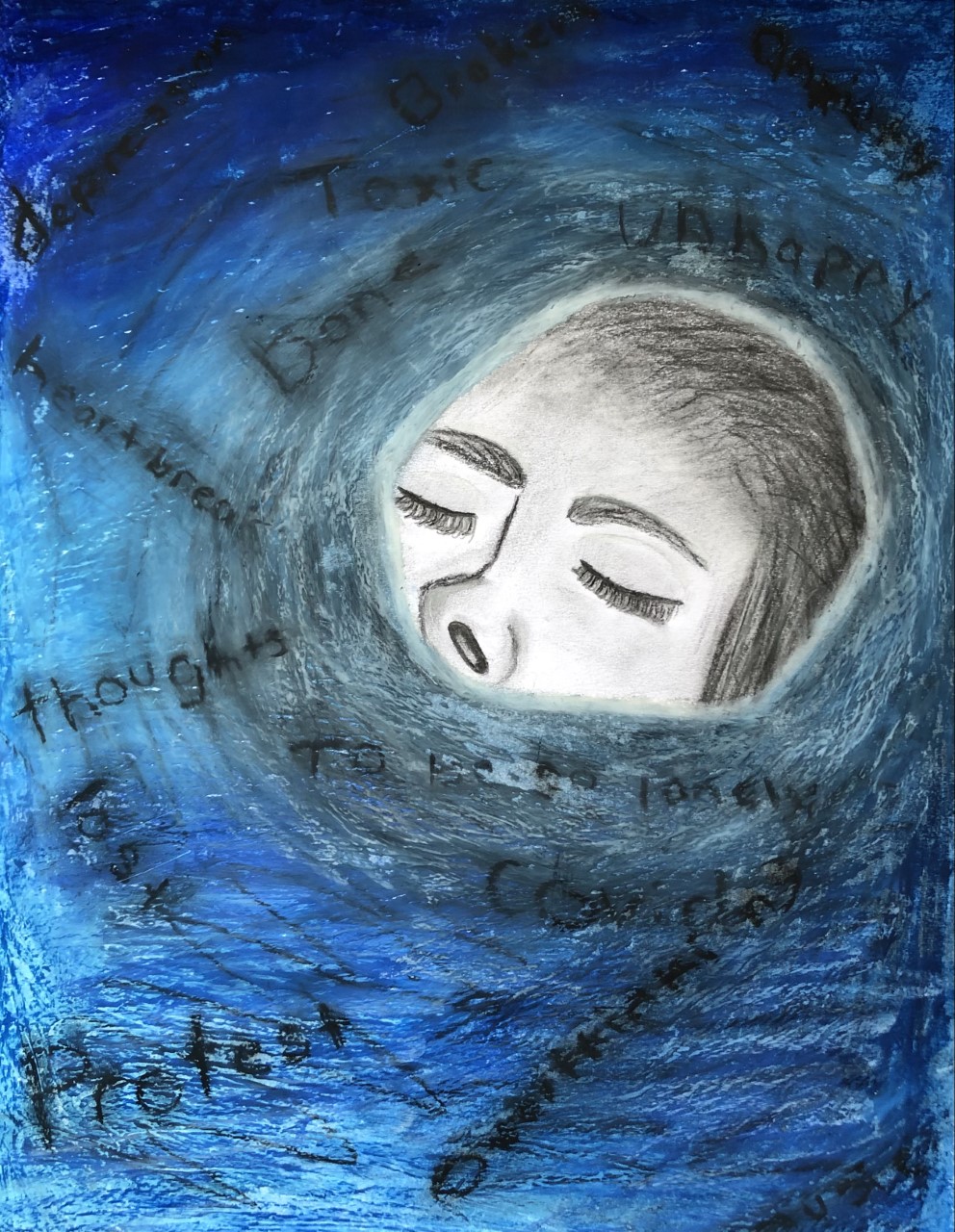 The top of a girl's head being surrounded by water that is filled with words describing negative emotions.