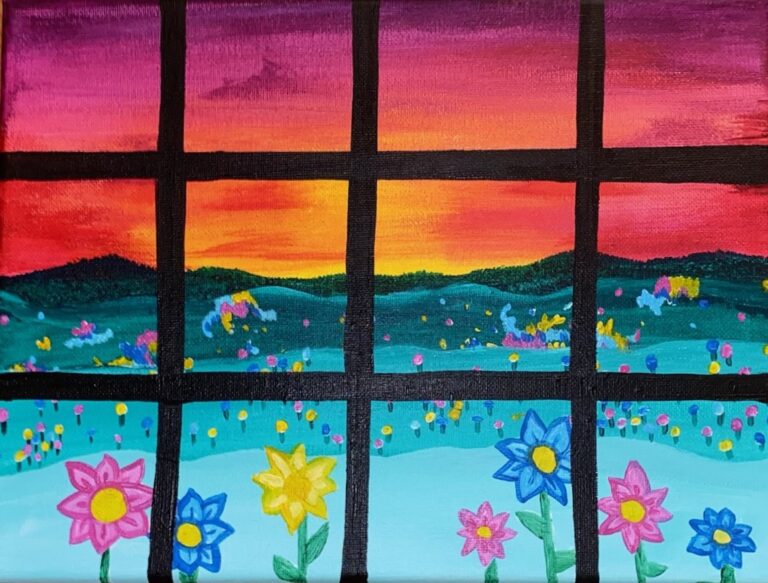This is a painting looking through a window at a teal field and mountains in the distance that are full of flowers. The background is a vibrant sunset of yellow